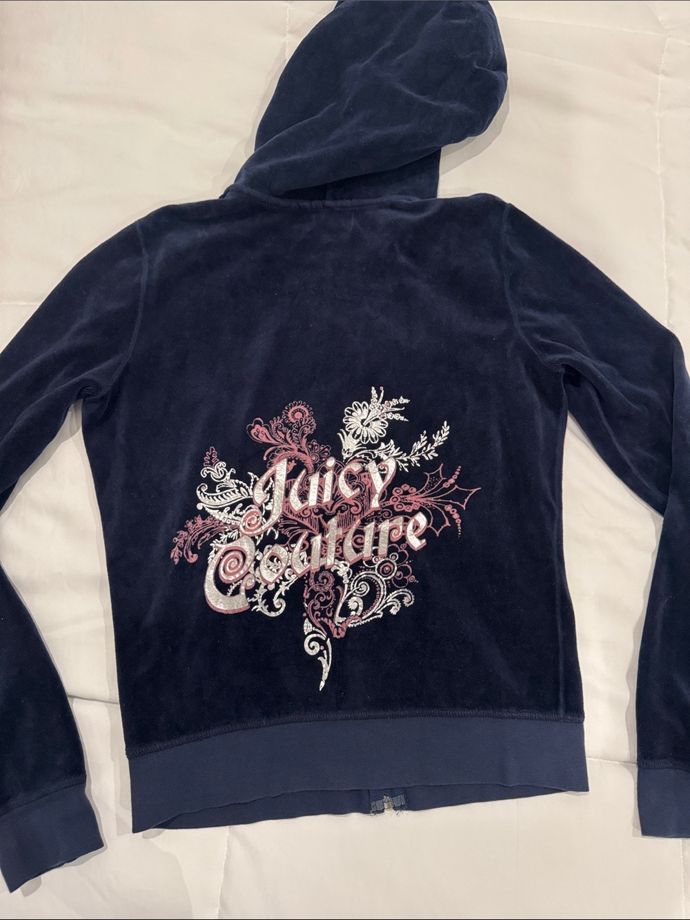 Juicy Couture Navy Velour Hoodie with Pink & Silver Embroidered Logo size Large